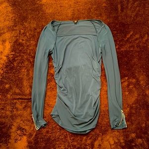 Teal green cotton spandex long sleeve Ann Taylor shirt with zipper sleeves.